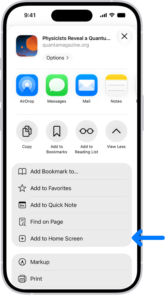 Safariの共有メニューにAdd to Home Screenがあり、公式の青い矢印で位置が示されている。