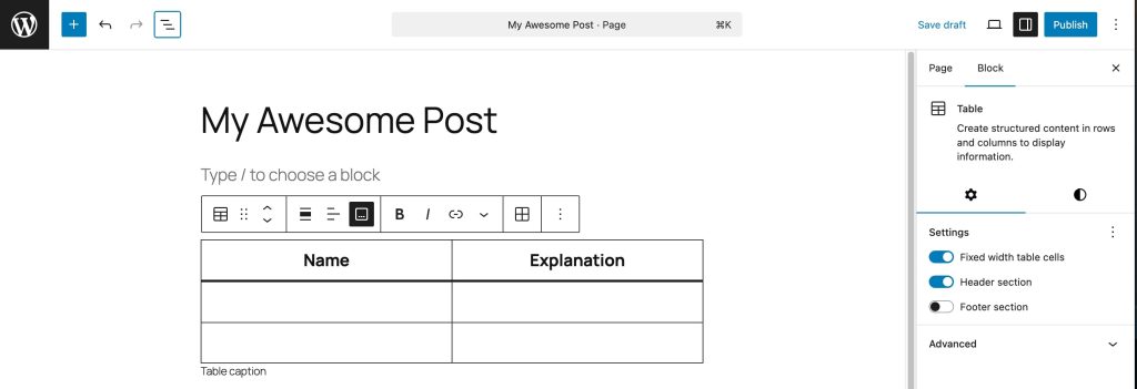 WordPressの本文に表があり、上に表専用のツールバー、右に設定欄がある。