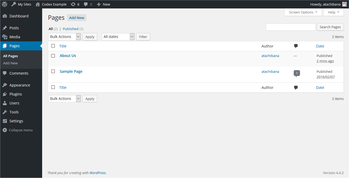 旧版WordPressの固定ページ一覧。左側のPagesと上部のAdd Newが見える。