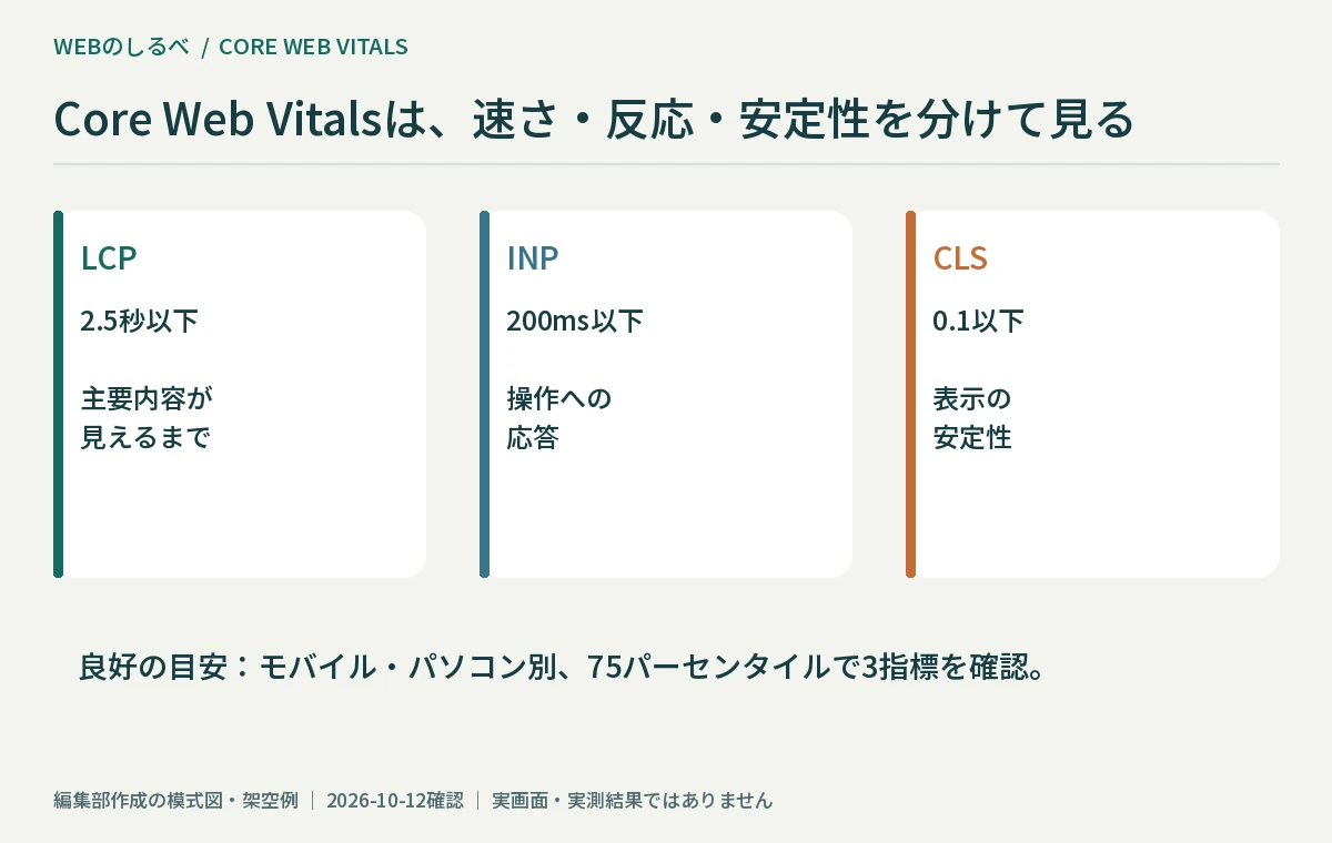 LCP 2.5秒以下、INP 200ミリ秒以下、CLS 0.1以下という良好の目安を示す図。
