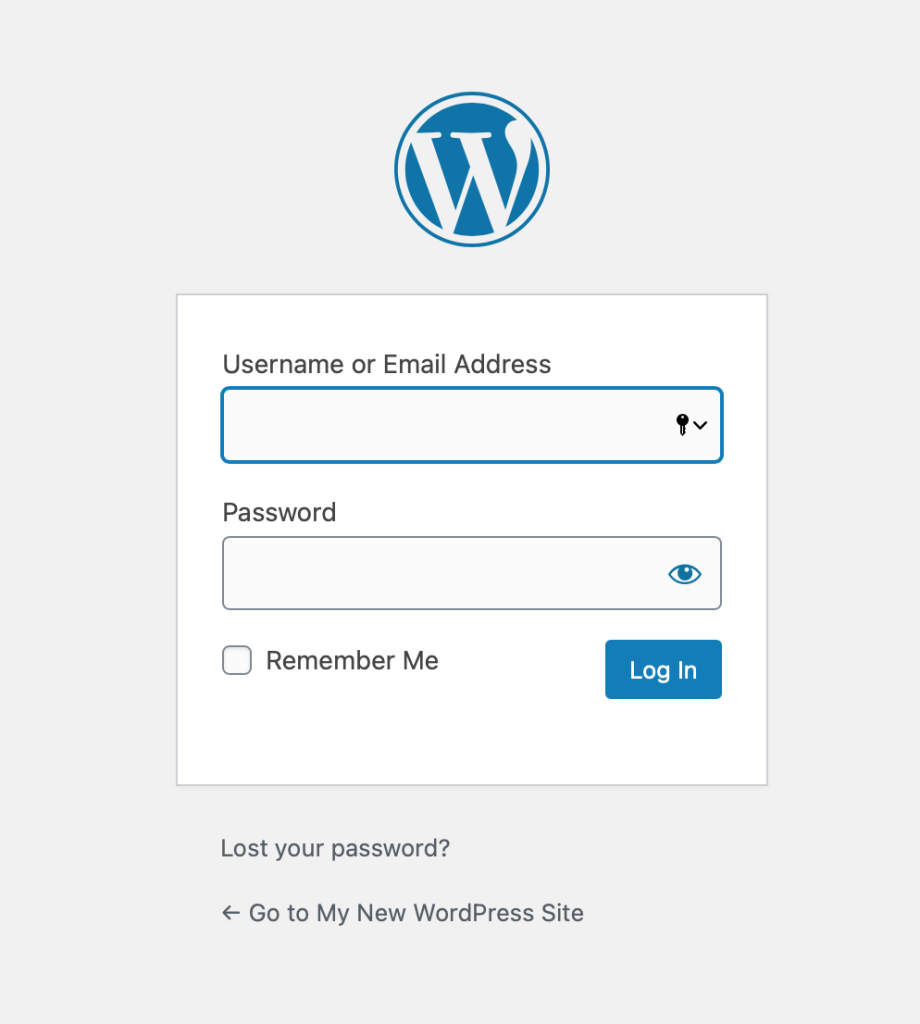 WordPressのログイン画面。上にユーザー名またはメールアドレス、下にパスワード、右下にLog Inがある。